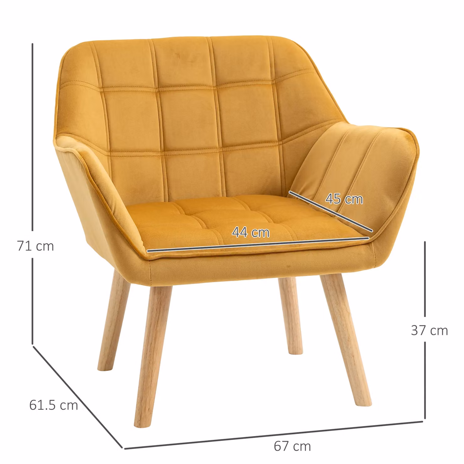 HOMCOM Mid-Century Velvet Accent Chair with Armrests and Metal Frame in Yellow – 2