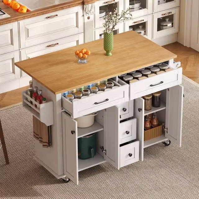 Matteo White and Natural Dropleaf Kitchen Island
