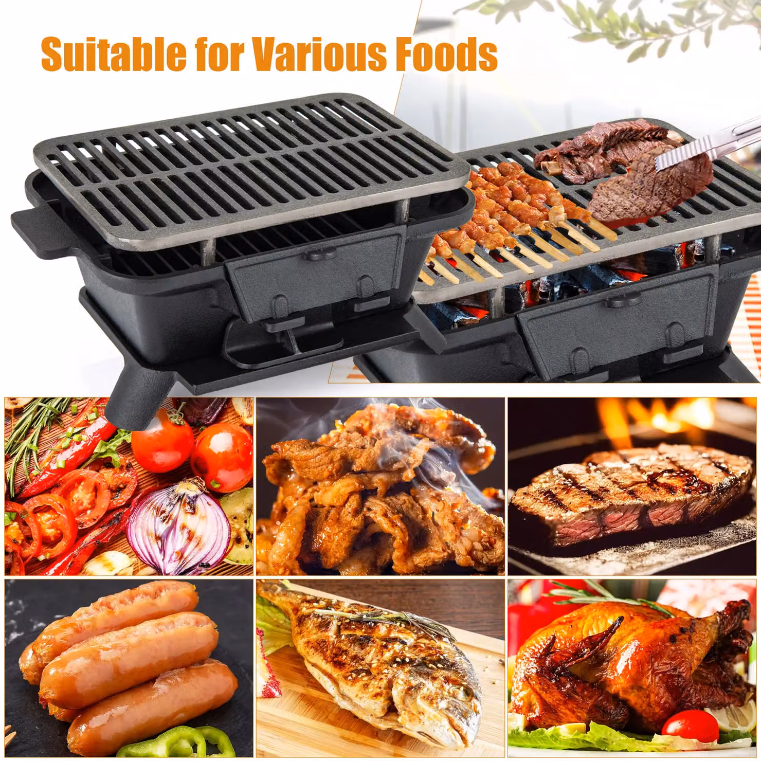 Gymax Portable Cast Iron Charcoal Hibachi Tabletop Grill, Black, W/D/H: 40 x 27 x 18 cm – 7