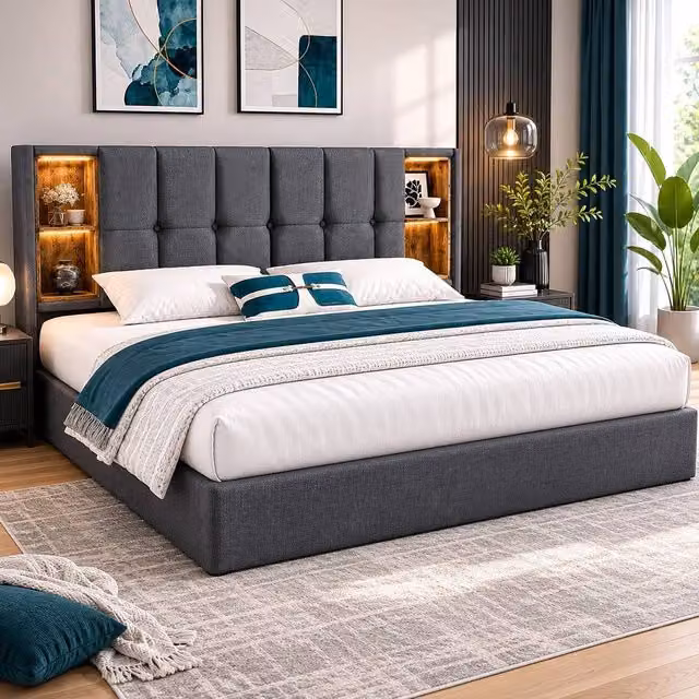 STILVORA Super King Upholstered Bed in Grey with USB Charging and Lift-Up Storage Base, W: 200 cm x D: 200 cm