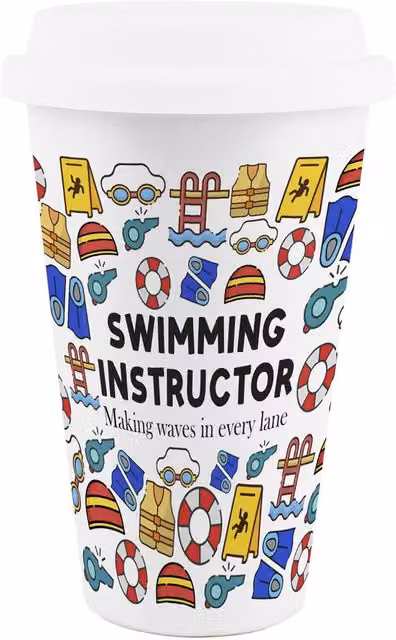 Purely Home Novelty Swimming Instructor Ceramic Travel Mug, White