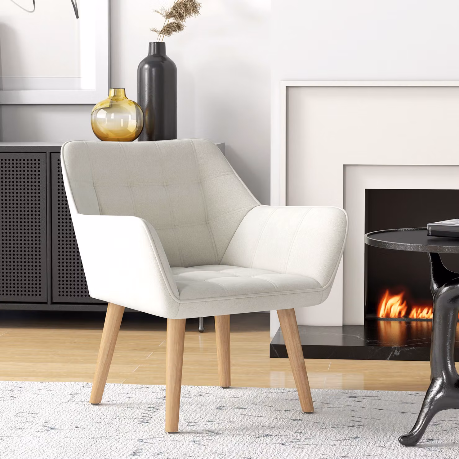 HOMCOM Cream White Accent Armchair with Wide Arms and Thick Padding – 2