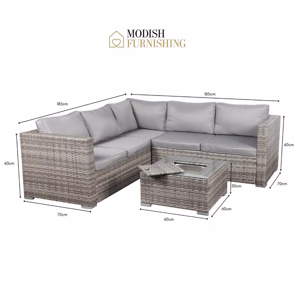 Modish Furnishing Sydney 5 Seater Grey L-Shape Corner Rattan Garden Sofa Set with Ice Bucket and Cushions – 3