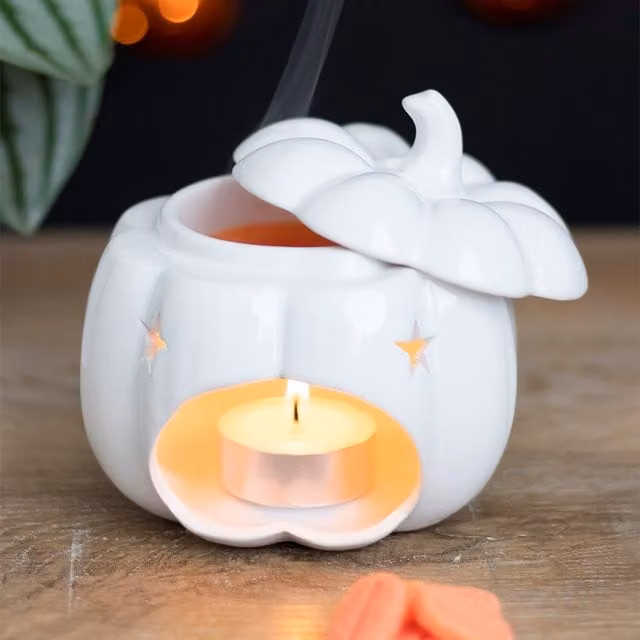 Gloriously Good Hello Autumn Pumpkin Oil and Wax Melt Burner, White Ceramic Tabletop Tealight Burner