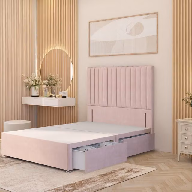 Somnior Beds Ltd Verona Single Divan Bed Base with Floor Standing Headboard in Pink Plush Velvet with Drawers, W/D/H: 90 x 190 cm