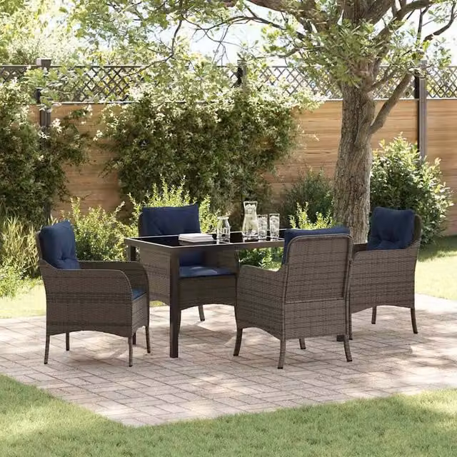 Berkfield Home 5 Piece Grey Poly Rattan Garden Dining Set with Cushions – 1