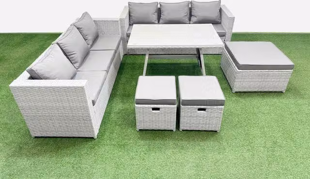 Fimous 9-Seater Patio Set with Rectangular Table, 3-Seater Sofa and 3 Stools in Light Grey
