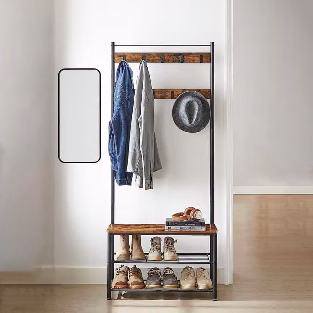 VASAGLE Industrial Hallway Coat Rack with Bench and Shoe Rack, Metal Frame, Dark Brown