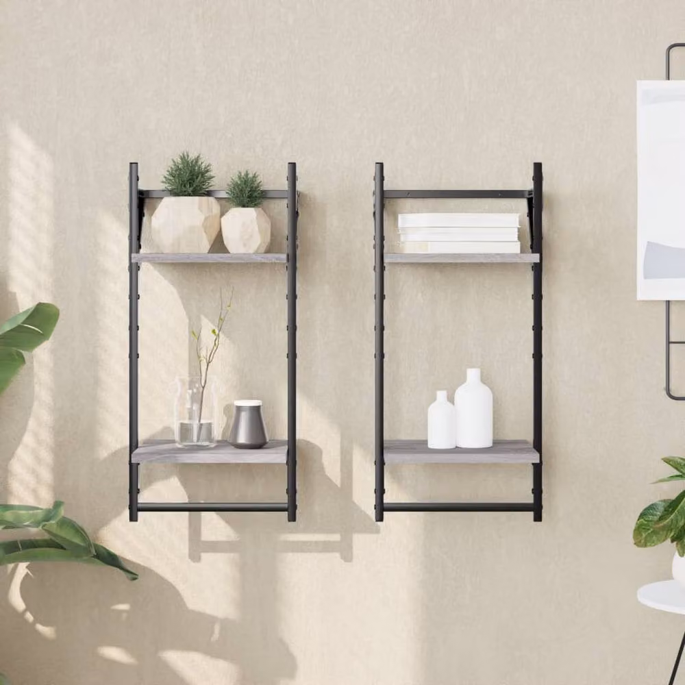 Berkfield Home 2-Tier Wall Mounted Shelves with Bars, 2 Pieces, Grey Sonoma, W/D/H: 30 x 25 x 65 cm – 2
