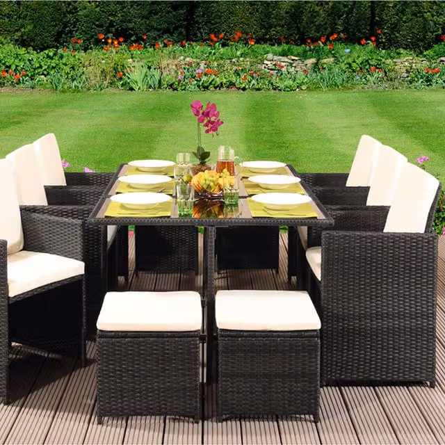 Comfy Living 11 Piece Modern Polyrattan Garden Furniture Set in Grey and Black with Glass Table