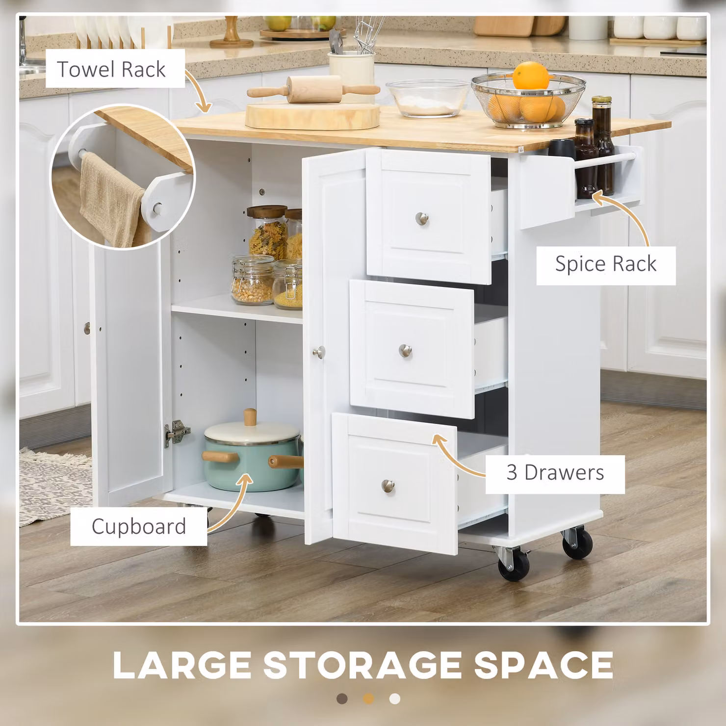 HOMCOM White Kitchen Island with Drop Leaf and Rubberwood Top, Rolling Kitchen Storage Trolley with 3 Drawers, Spice Rack and Towel Rack, H 91.5 x W 115.0 x D 39.5 cm – 2