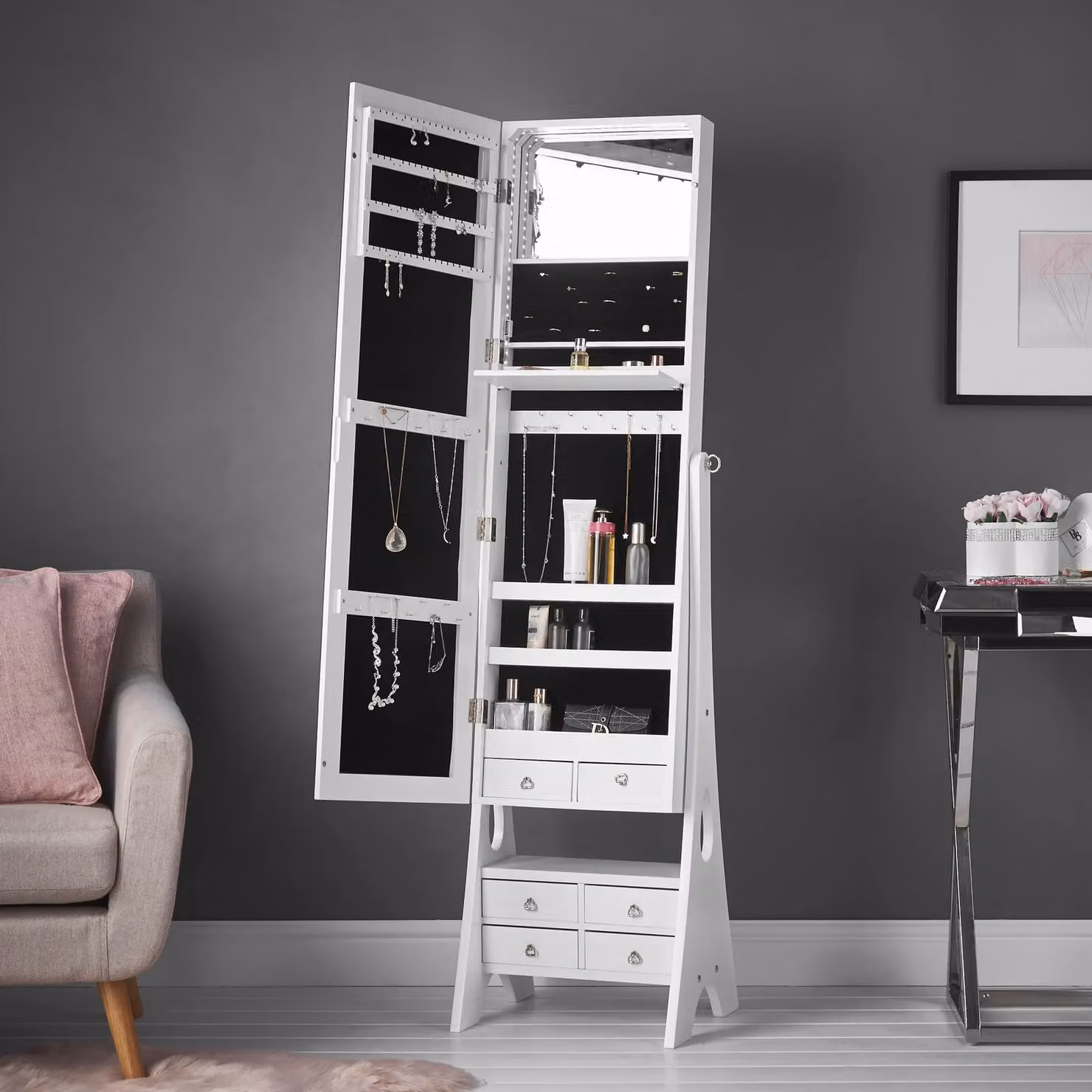 CARME HOME Nikita Free Standing Full Length LED Mirror Jewellery Cabinet in White – 6