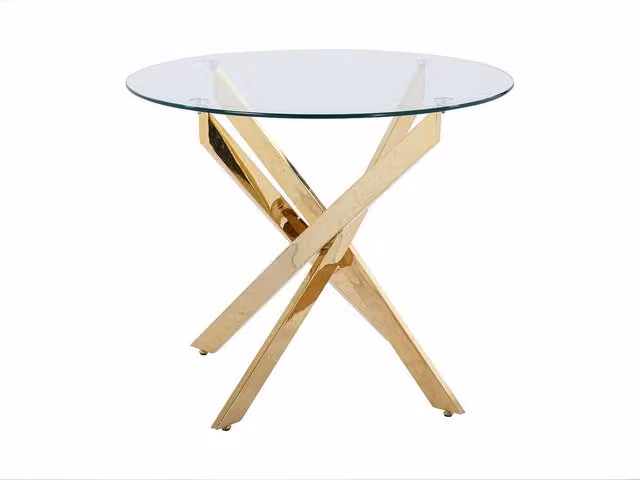 COSIMA Round Glass Dining Table with Gold Metal Base, Transparent, Diameter: 90 cm, Height: 77 cm
