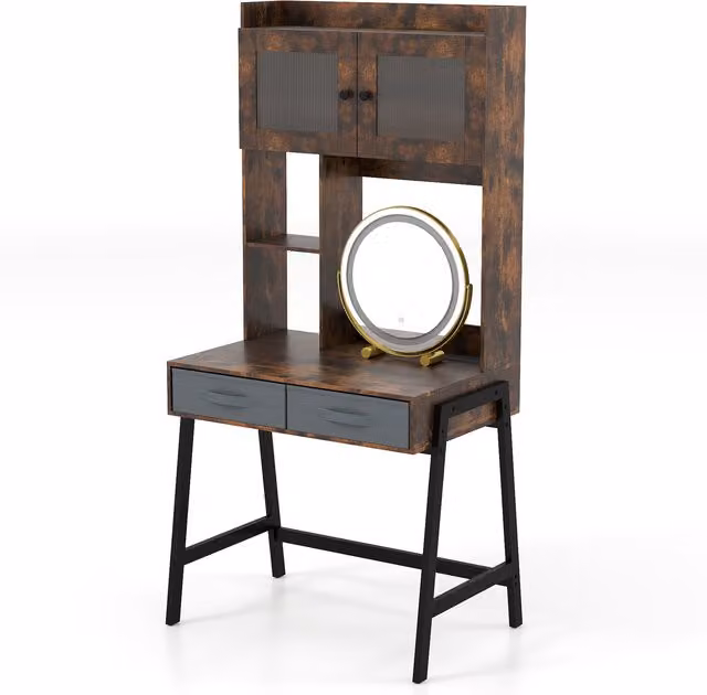 COSTWAY Hollywood LED Makeup Vanity Desk in Brown with Industrial Design – 1