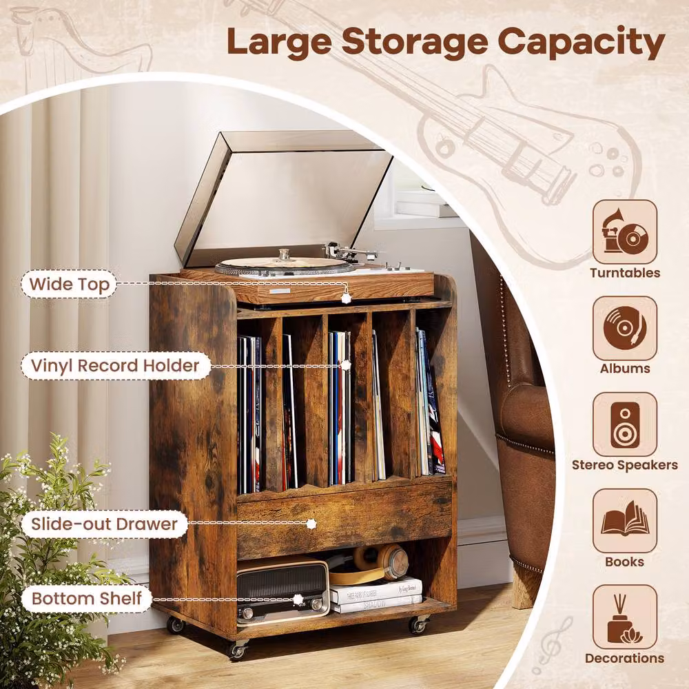 Gymax Brown Rolling Vinyl Display Cabinet and Record Player Turntable Stand with Wheels – 6