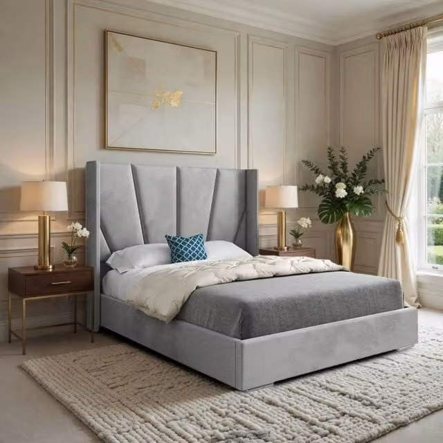 Casani Farleigh Super King Upholstered Velvet Designer Bed Frame in Grey, W/D/H: 200 x 189 x 137 cm
