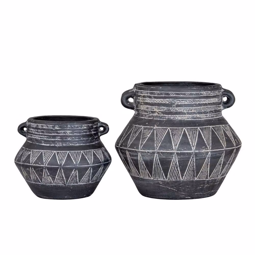 Lemon Pavilion Furniture and Decor Etched Collection Ceramic Pot with Handle, Black, W: 20 cm, D: 20 cm, H: 16 cm – 2