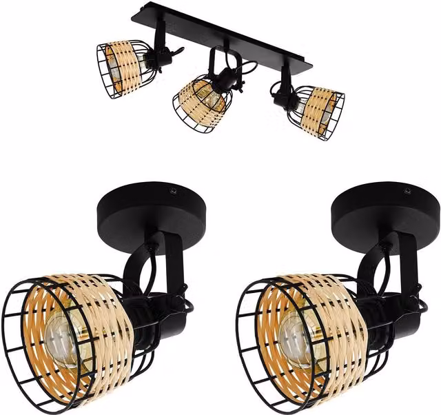 Loops Black and Wicker Adjustable Ceiling Spot Light and 2x Matching Wall Lights Set – 1