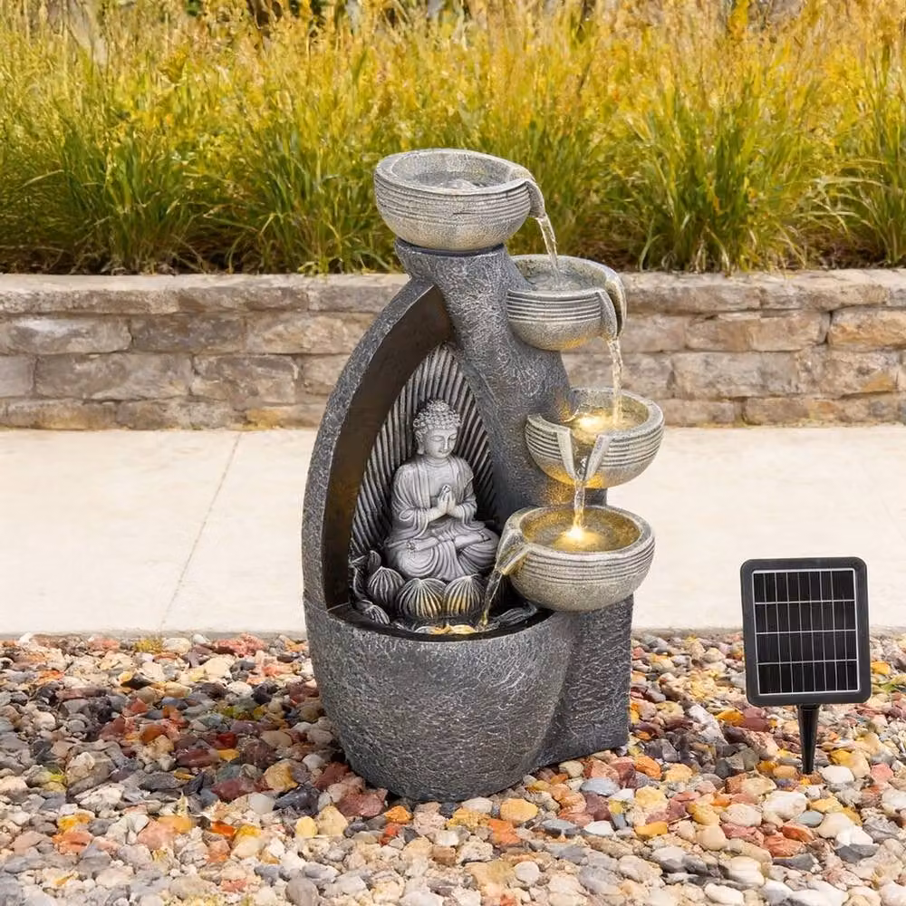 NESTLUNE Sitting Buddha Grey Stone Effect Zen Cascade Water Feature W/D/H: 100 x 15 x 15 cm – 4