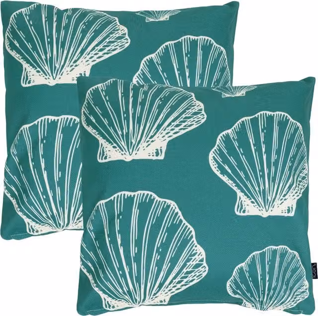 ICON 2 Pack Large Sea Shell Kyoto Fabric Square Cushions in Turquoise, W/D/H: 43 x 43 x 43 cm