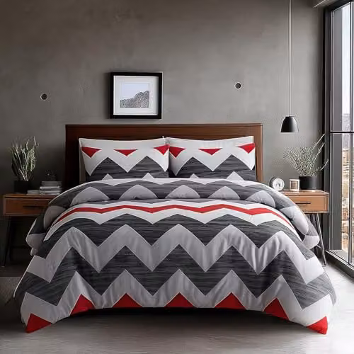 Home Sweet Home UK Single Reversible Polycotton Duvet Cover and Pillowcase Set, Grey and Red Zig Zag Pattern, W: 135 cm, H: 200 cm, Pillowcase: 90 x 190 cm