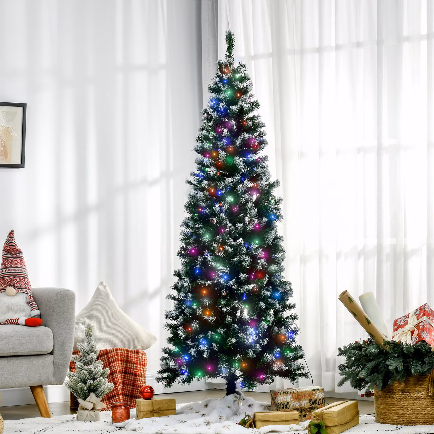HOMCOM 6ft Tall Slim Pencil Artificial Christmas Tree with 300 Multicolour LED Lights and 618 Tips, Green – 2