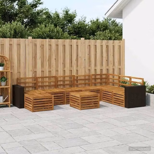 Berkfield Home 9 Piece U-Shape Outdoor Sofa Set in Brown Solid Acacia Wood with Matching Ottoman