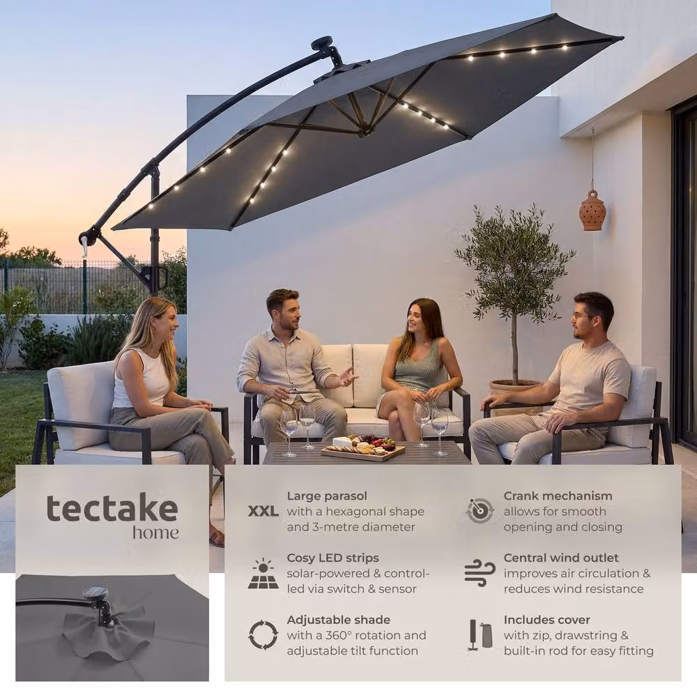 tectake 360 Degree Rotating Cantilever Parasol with LED Solar Lighting, Grey, W/D: 300 x 300 cm – 2