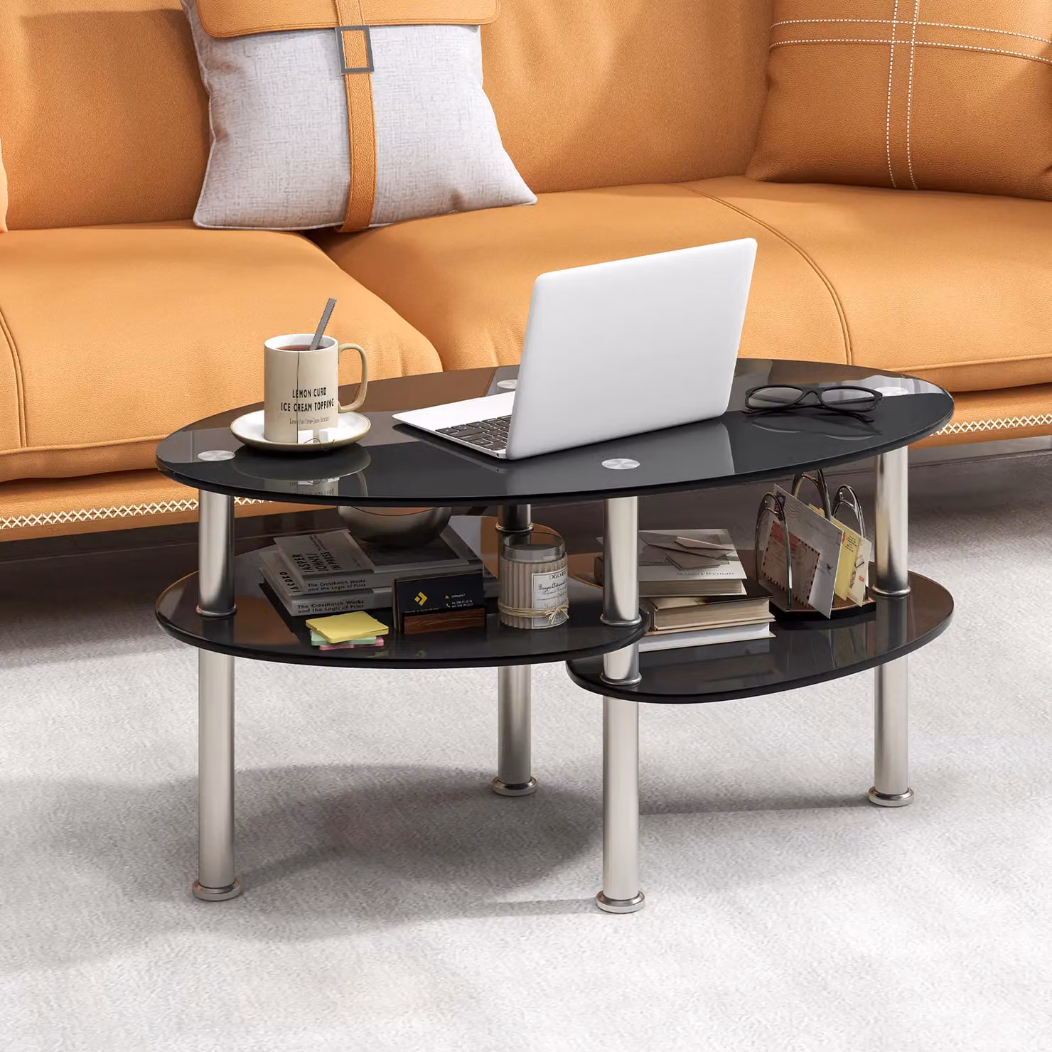 Costway Modern Oval 3-Tier Glass Coffee Table and Side Table in Black – 2