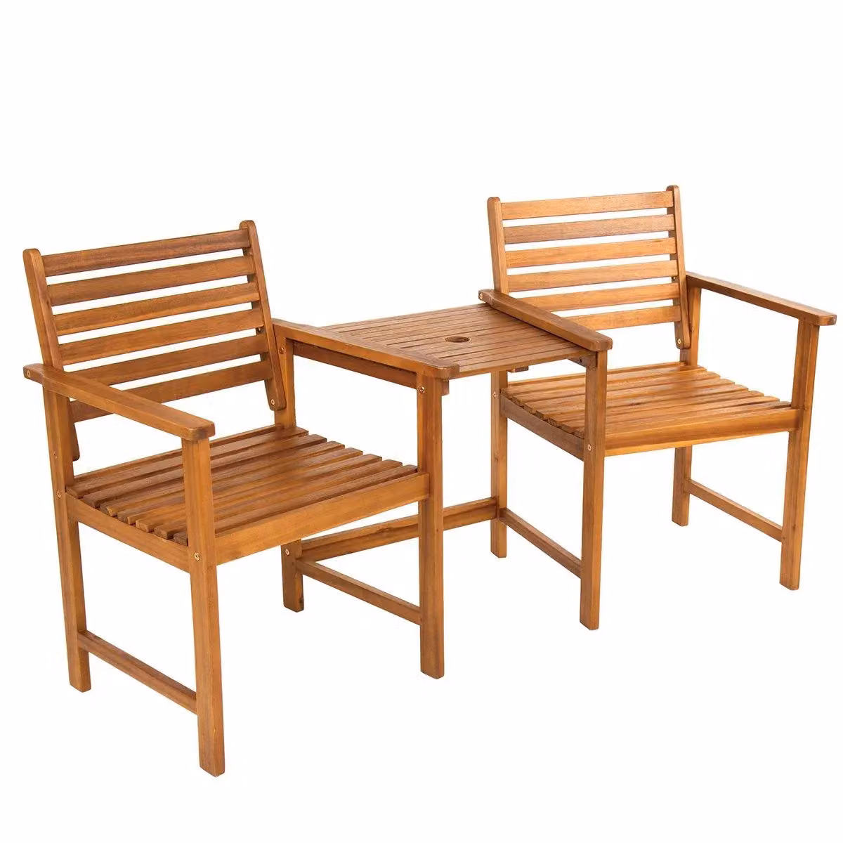 Charles Bentley FSC Acacia Wood Companion Seat with Parasol Hole and Shelf in Natural Brown, W/D/H: 168 x 85 x 71 cm – 2
