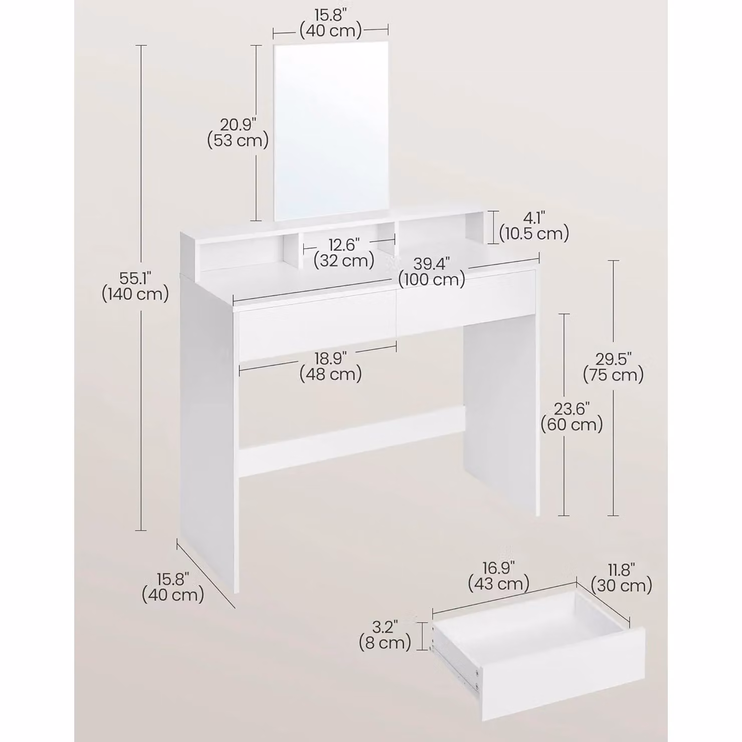 VASAGLE Modern White Vanity Table with Large Mirror, 2 Drawers and 3 Storage Compartments – 2