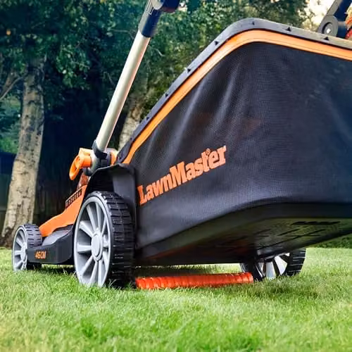 LawnMaster MX 24V Orange Cordless Lawnmower with 46cm Cutting Width, Rechargeable Battery, Collection Bag and Mulching Kit – 3