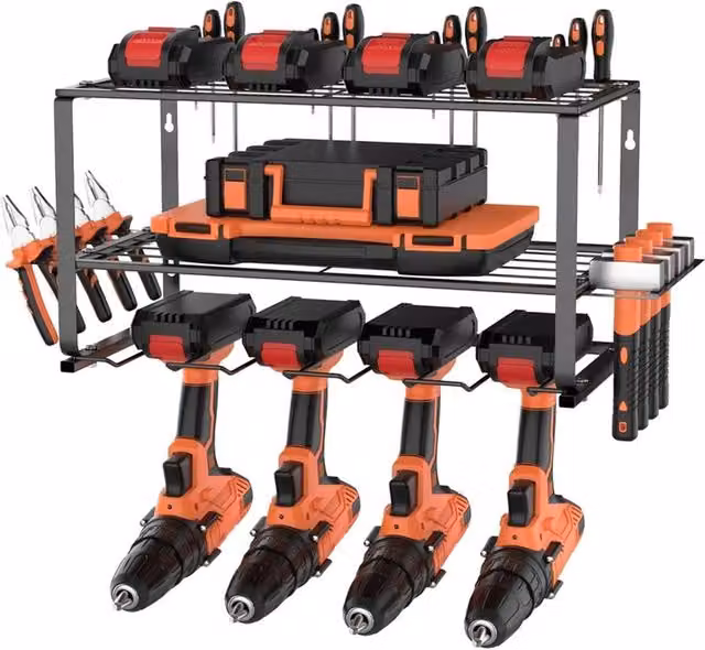 Nordara Wall Mounted Power Tool Organizer and Drill Holder Storage Rack, Black