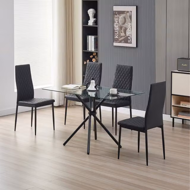Madefor.living Miami Rectangular Glass Dining Table with 4 Emily Black Leather Chairs