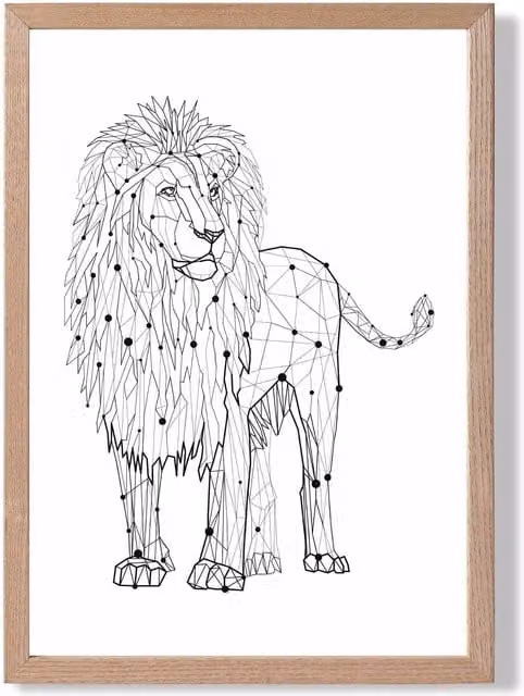 ARTZE Geometric Lion Line Art Framed Print in Black and White with Oak Frame, A4