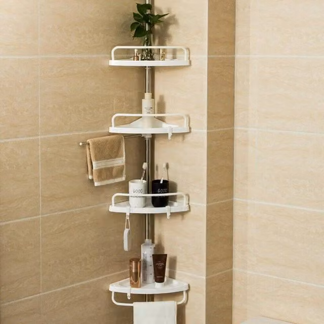 EONLION White Adjustable Corner Bathroom Shower Shelf with Tension Rod – 1
