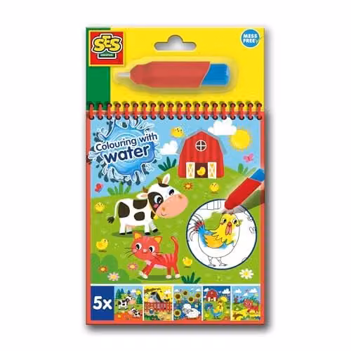 SES Creative Colour with Water Farm Book in White and Multicolour, Mess-Free Reusable Water Drawing Set for Kids