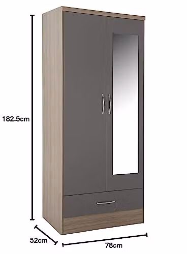 Seconique Nevada Grey Gloss and Oak 2 Door 1 Drawer Mirrored Wardrobe W/D/H: 78 x 52 x 182 cm – 2