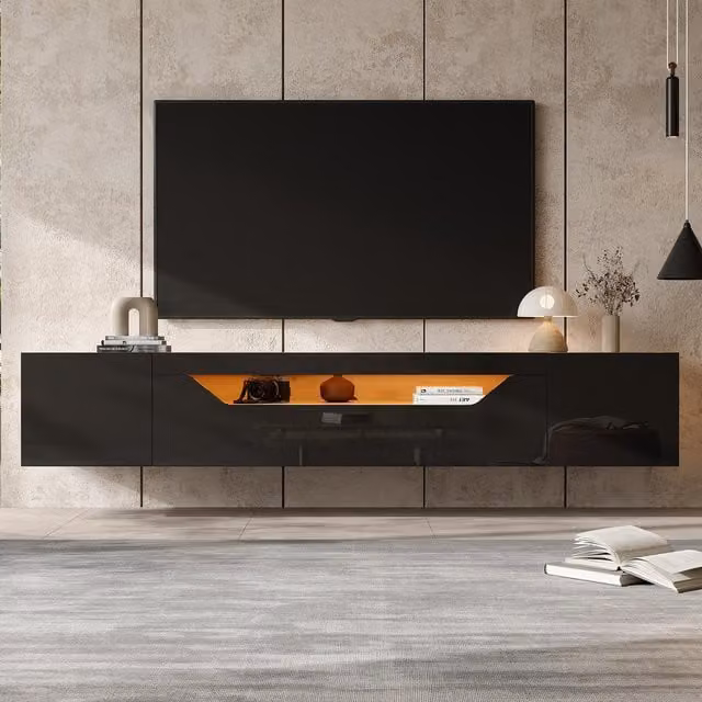 Aosom UK Black Floating TV Stand with App-Controlled LED Strip and Pull-Down Door, W: 180 cm, D: 37 cm, H: 36 cm