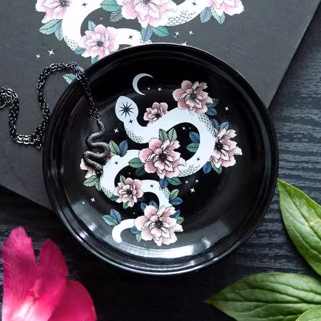 Uniqueful Floral Snake Ceramic Trinket Dish in Black, White or Pink