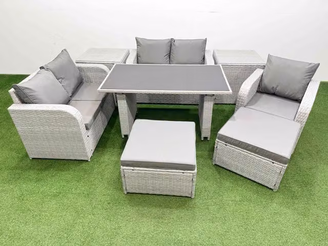 Fimous 7 Seater Outdoor Furniture Set in Light Grey with Love Sofa, 2 Side Tables and 2 Large Stools