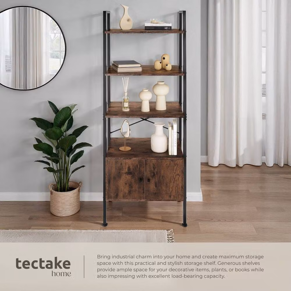 tectake Brentwood Industrial Style Ladder Shelf with 4 Levels and 2 Cupboards in Brown and Black – 3