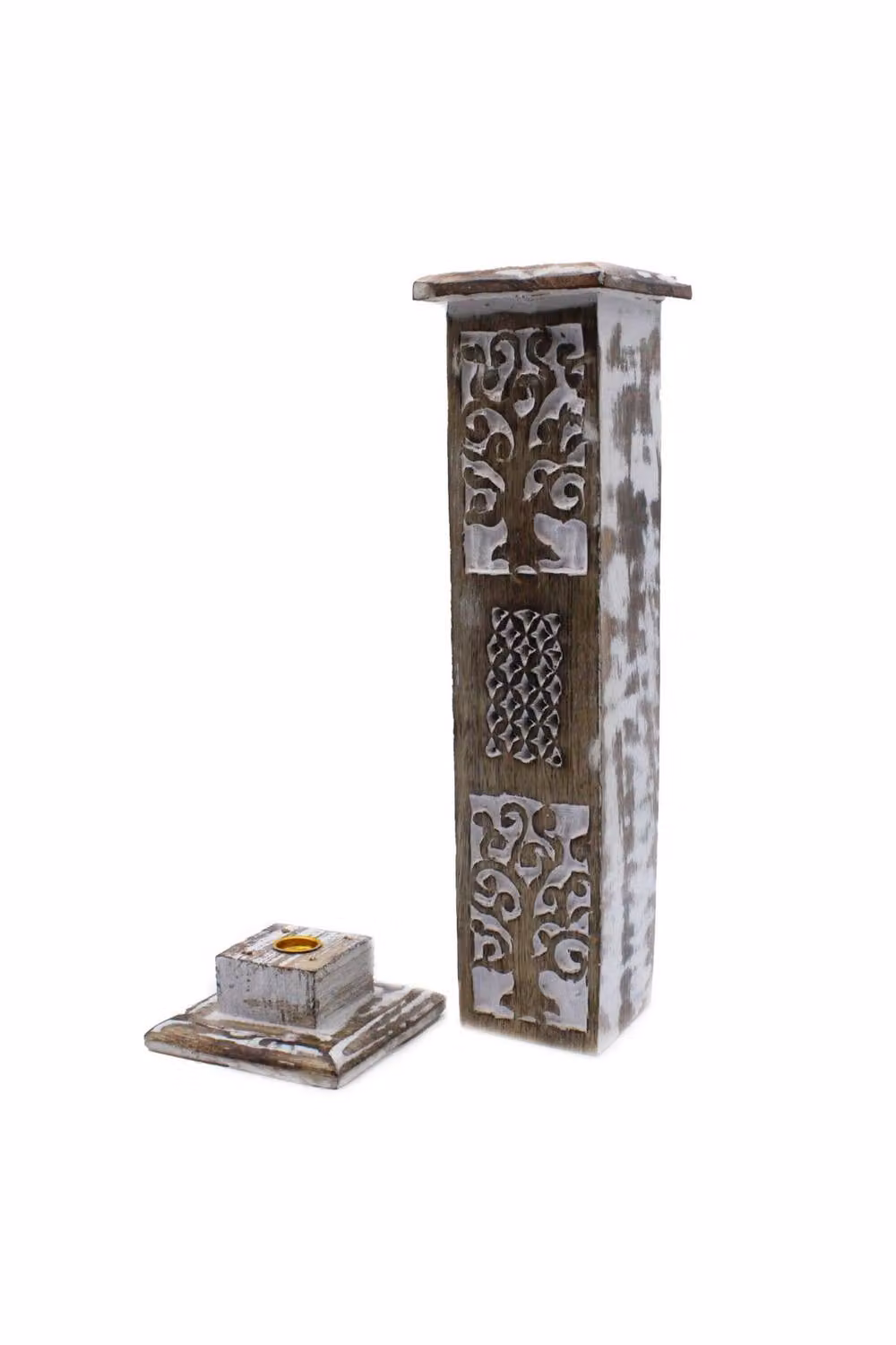 KDMD White Washed Wood Incense Holder Smoke Tower Decorative Display in Brown – 2