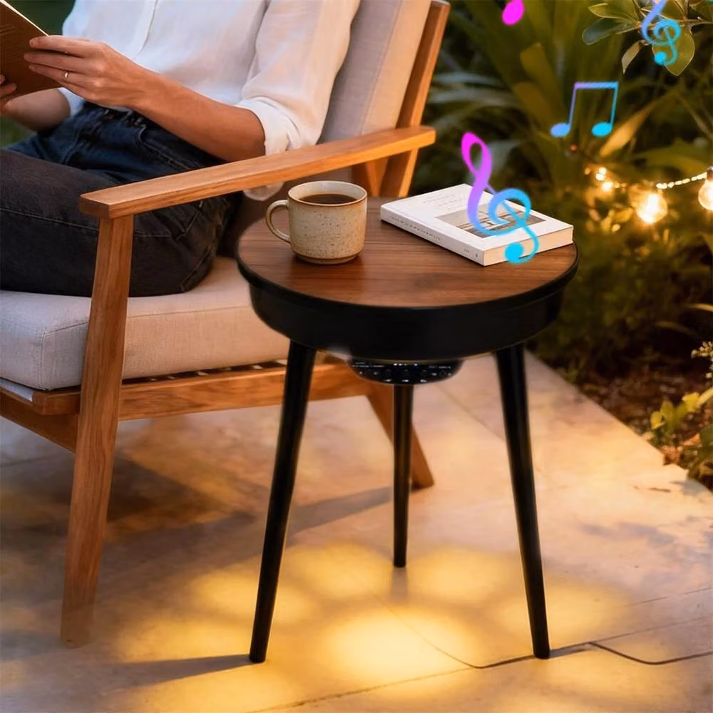 ERGOVEXA Round Walnut and Black Wood Side Table with Integrated Bluetooth Speaker – 4