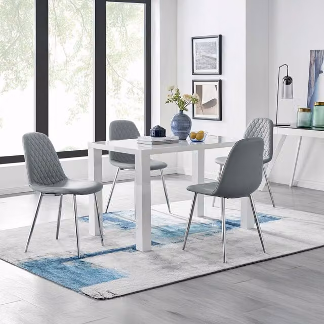 FurnitureboxUK Pivero White High Gloss Rectangular Dining Table and 4 Corona Silver Chairs in Grey