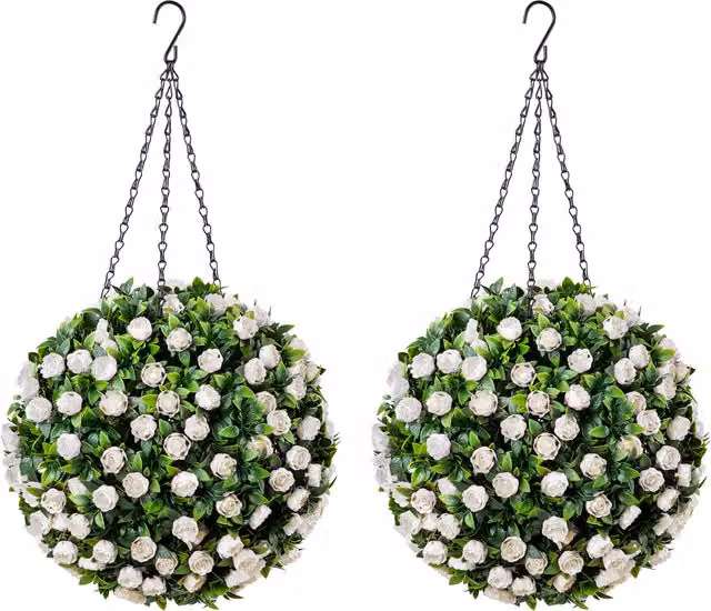 Christow Set of 2 White Artificial Rose Topiary Hanging Floral Balls