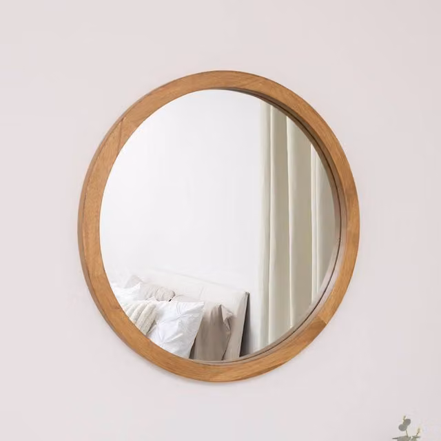Melody Maison Round Rustic Wood Frame Wall Mirror in Brown, Diameter: 55 cm