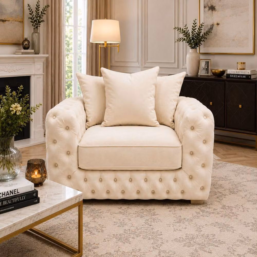 Stratus Interiors Ashley Chesterfield Scatter Back Plush Velvet Fabric Armchair in Beige – 2