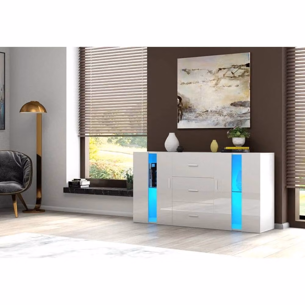 KORVIXA Modern White Wooden Sideboard and TV Stand with 2 Doors and 3 Drawers, W/D/H: 100 x 100 x 100 cm – 2