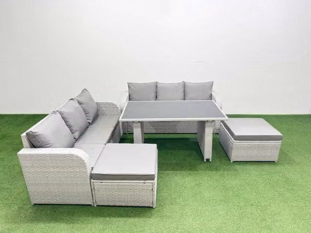 Fimous 8 Seater Rattan Outdoor Dining Table Set with 2 Large Stools in Light Grey